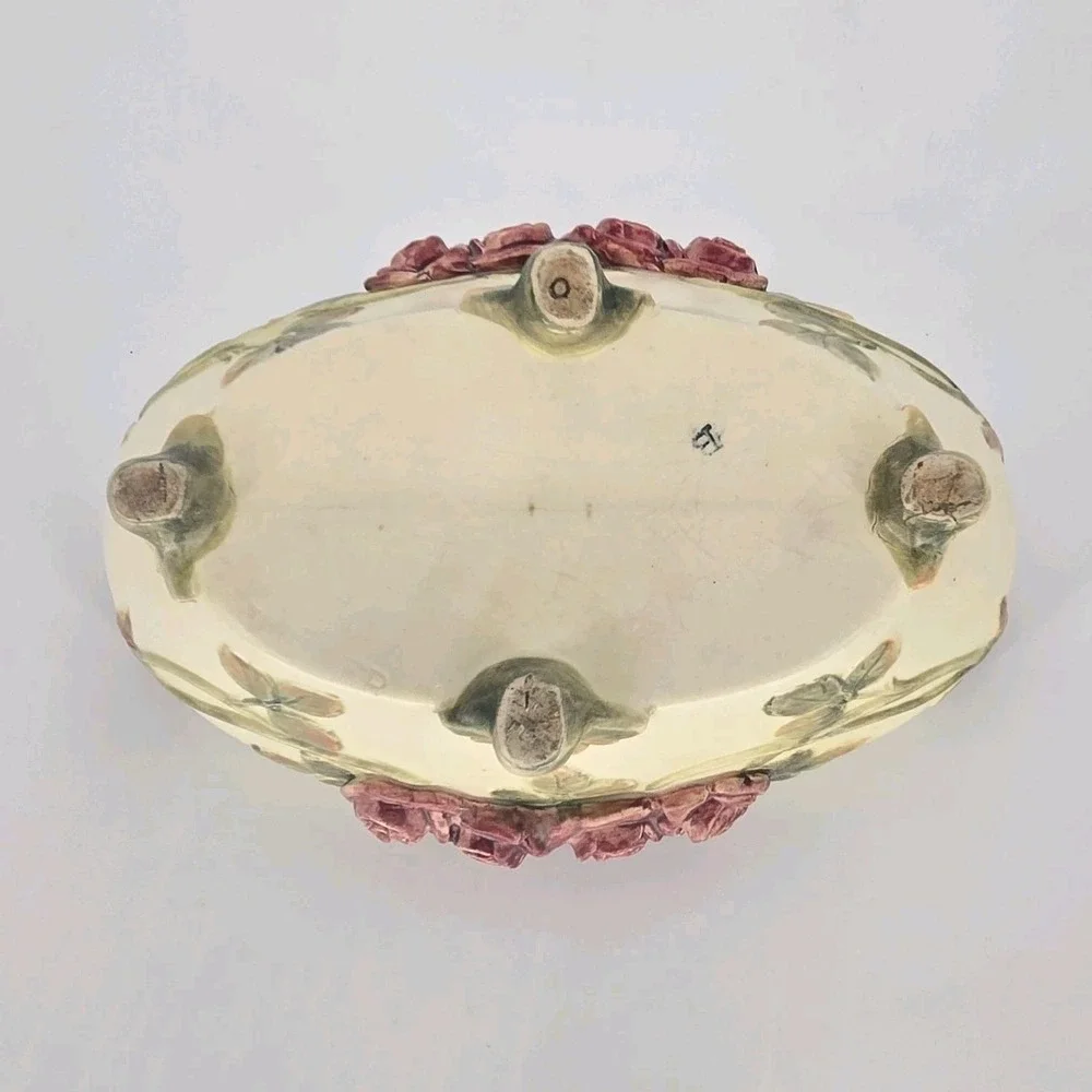 Antique Weller Roma Rose Pottery Oval Console Bowl Planter Applied Roses 11in OH